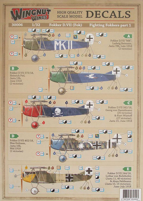 Wingnut Wings Decals - 1:32 Fokker D.VII Parts 1 to 4. - Decals & Masks ...