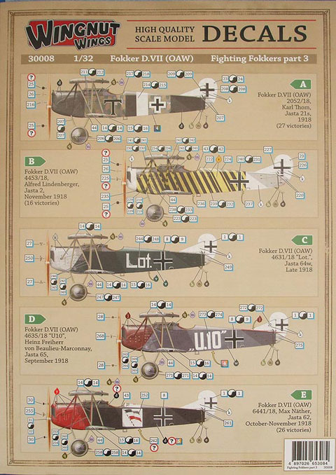 Wingnut Wings Decals - 1:32 Fokker D.VII Parts 1 to 4. - Decals & Masks ...